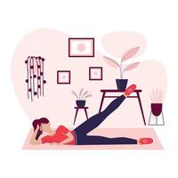 A young woman is doing sport at home. Exersises at home. Healthy lifestyle in quarantine. Sports at home. Home activities. Flat design. Vector ilustration.