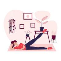 una mujer joven está haciendo deporte en casa. ejercicios en casa. estilo de vida saludable en cuarentena. deportes en casa. actividades del hogar. diseño plano. ilustración vectorial vector