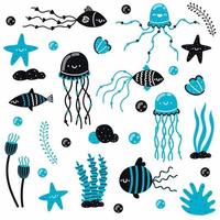 Cute set of marine elements for chidren fashion, stationery, scrapbooking, home decor, textile, cards. Hand draw elements. Vector illustration.