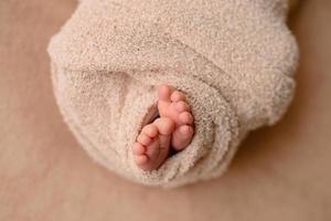 Small beautiful legs of a newborn baby in the first days of life photo