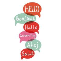 Words hello with speech bubbles on different languages. Hand drawn text isolated on white background. vector