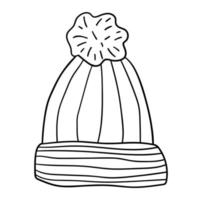 Wool hat with pompom. Hand drawn cartoon doodle linear cap isolated on white background. vector