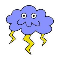 Cartoon doodle happy cloud with lightning, thundercloud isolated on white background. vector