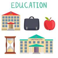 Set of educational elements in a flat style. School building, university, briefcase, apple and hourglass isolated on white background. vector