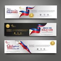 Set horizontal banner design template. Happy Independence Day Philippines modern background with ribbon flag, gold award ribbon and silhouette city vector