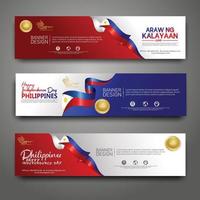 establecer plantilla de diseño de banner horizontal. feliz día de la independencia de filipinas fondo moderno con bandera de cinta, cinta de premio de oro y ciudad de silueta vector