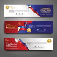 establecer plantilla de diseño de banner horizontal. feliz día de la independencia de filipinas fondo moderno con bandera de cinta, cinta de premio de oro y ciudad de silueta vector