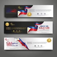 establecer plantilla de diseño de banner horizontal. feliz día de la independencia de filipinas fondo moderno con bandera de cinta, cinta de premio de oro y ciudad de silueta vector