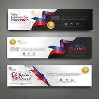 Set horizontal banner design template. Happy Independence Day Philippines modern background with ribbon flag, gold award ribbon and silhouette city vector