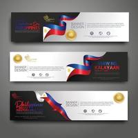 Set horizontal banner design template. Happy Independence Day Philippines modern background with ribbon flag, gold award ribbon and silhouette city vector