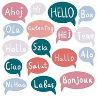 Hello, Hi with speech bubbles on different languages. Translation concept. Hand drawn icons isolated on white background. vector