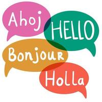 Hello, Hi with speech bubbles on different languages. Translation concept. Hand drawn icons isolated on white background. vector