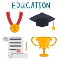 Cartoon set of training awards, cup from competitions, diploma, medal with first place, student cap. Education character collection isolated on white. vector