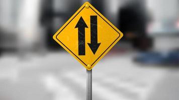 Two way traffic sign, yellow road sign on blurred traffic background, isolated and easy to edit. Vector Illustration