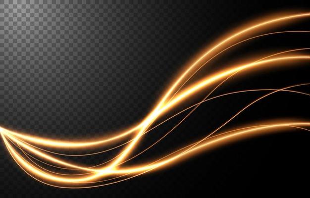 Abstract light speed motion effect, gold light trail. Vector Illustration