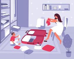 Mom with a baby in the room collects a suitcase for the road vector