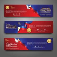 establecer plantilla de diseño de banner horizontal. feliz día de la independencia de filipinas fondo moderno con bandera de cinta, cinta de premio de oro y ciudad de silueta vector