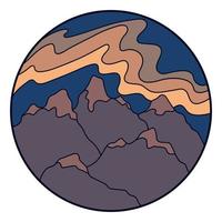 ilustración vectorial de montaña. colorido icono de contorno dibujado a mano en el marco del círculo. para impresión, web, diseño, decoración, logotipo. vector