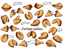 Chinese fortune cookies vector hand drawn set isolated on white backgrounds. Colorful food illustration. Crisp cookie with a blank piece of paper inside. For print, web, design, decor, logo.