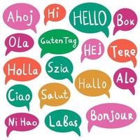 Hello, Hi with speech bubbles on different languages. Translation concept. Hand drawn icons isolated on white background. vector