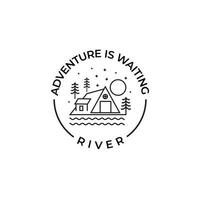 diseño de ilustración de insignia de camping. logotipo al aire libre de wigwam junto al lago, logotipo redondo vector