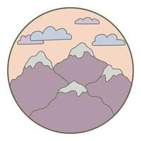 ilustración vectorial de montaña. colorido icono de contorno dibujado a mano en el marco del círculo. para impresión, web, diseño, decoración, logotipo. vector