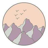 ilustración vectorial de montaña. colorido icono de contorno dibujado a mano en el marco del círculo. para impresión, web, diseño, decoración, logotipo. vector