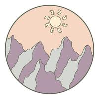 ilustración vectorial de montaña. colorido icono de contorno dibujado a mano en el marco del círculo. para impresión, web, diseño, decoración, logotipo. vector