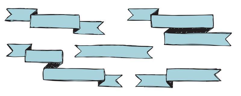 Vector set of hand drawn ribbon. Doodle banner illustration isolated on white background. For banner, tag, header or label.