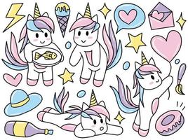 colección de imágenes prediseñadas de doodle de gato unicornio vector