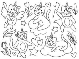 Cat Unicorn Doodle Line Art Collection vector