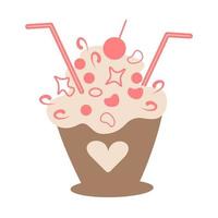 Coffee dessert in a cup with decorations and straws for a cocktail cartoon style. Isolate. vector