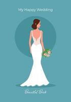 Bride in a beautiful dress with a bouquet of greeting card. Wedding invitation. Vector illustration in flat cartoon style