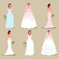 conjunto de novias en hermosos vestidos y peinados con ramos de flores en sus manos. ilustración vectorial de dibujos animados de estilo plano