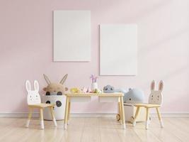 Mock up poster in the children's bedroom in pastel colors on empty pink wall background. photo