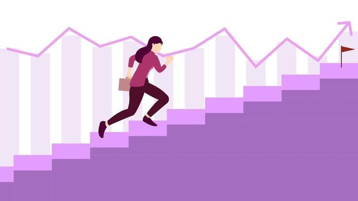 woman running on stairs towards finish line with office bag. Business concept character illustration on white background.