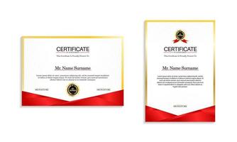 Red and gold certificate border template with luxury badge and modern line pattern. vector