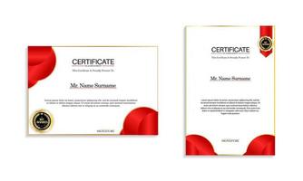 Red and gold certificate border template with luxury badge and modern line pattern. vector