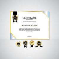 Award certificate landscape template, gold and blue colors. Clean modern certificate with gold badge. Certificate border template with modern luxury line pattern. Diploma vector template