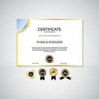 plantilla de paisaje de certificado de premio, colores dorado y azul. limpio certificado moderno con insignia de oro. plantilla de borde de certificado con patrón de línea de lujo moderno. plantilla de vector de diploma