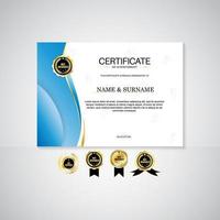 Award certificate landscape template, gold and blue colors. Clean modern certificate with gold badge. Certificate border template with modern luxury line pattern. Diploma vector template