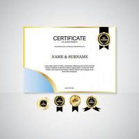 Award certificate landscape template, gold and blue colors. Clean modern certificate with gold badge. Certificate border template with modern luxury line pattern. Diploma vector template