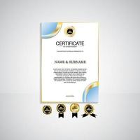 Award portrait certificate template, gold and blue colors. Clean modern certificate with gold badge. Certificate border template with modern luxury line pattern. Diploma vector template