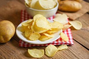 Potato chips snack on white plate, Crispy potato chips on the kitchen table and fresh raw potatoes on wooden background photo