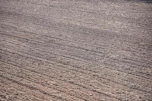 fila en un campo de arado preparado para plantar cultivos en primavera - campo arado con camión en el campo agrícola foto