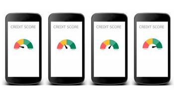 Collection smartphones with gauge credit score app on the screen for text Financial information about the client isolated on white background - Customer credit rating indicate for bank loan photo