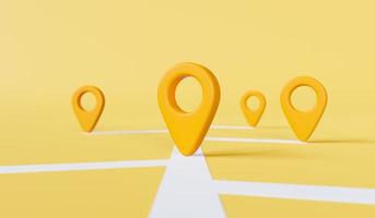 marcado de ubicación con un alfiler en un mapa o signo de icono de navegación en fondo amarillo, concepto de tema de transporte y viaje. representación 3d foto