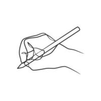 Continuous line drawing of hand holding pen and writing or drawing vector