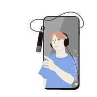 Video blogger teen vector stock illustration. Stream on a phone with a microphone. Live broadcast. Social media content. Likes. Isolated on a white background.