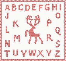 Christmas Knitted Font with Deer in red color. vector